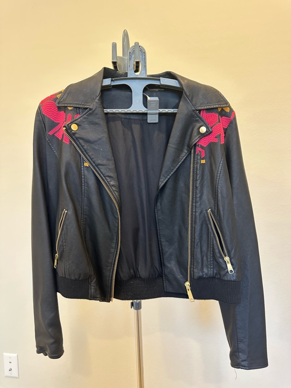 Free People Black Faux Leather Moto Jacket with Embroidery